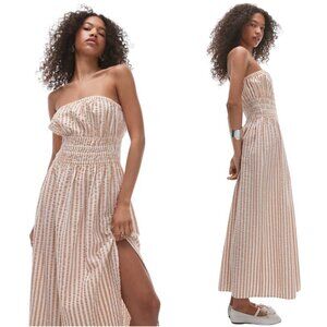 Topshop Textured Bandeau Beach Maxi Dress in Brown Stripe Women's 0-2 Seersucker